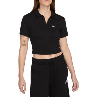 Nike Essentials Stretch Crop Polo in 010 Black/white at Nordstrom Rack, Size X-Large