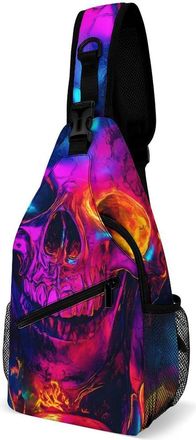 Generic Neon Colorful Skulls Mens Shoulder Bags Sling Crossbody Backpack Travel Hiking Chest Bag with Small Side 38x20cm