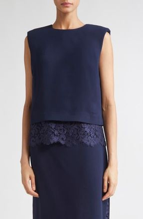 St. John Lace Trim Satin Back Crepe Top in Midnight at Nordstrom, Size Large