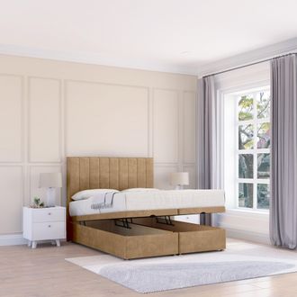 Sloomy Kansas Dumfries Fabric Ottoman Bed End Opening With Sprung Memory Mattress & 26 Inch strut Headboard in Light Beige | Size: Small Double