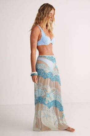 NASTY GAL Womens Starfish Wave Beaded Sheer Maxi Beach Skirt - Turquoise - Size 8 UK