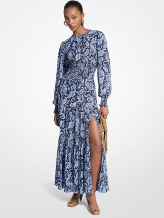 Michael Kors Paisley Print Smocked Georgette Maxi Dress