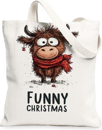 Generic Funny Animal Christmas Canvas Tote Bags, Fanciful Cow Design Reusable Grocery Bags, Lightweight Washable Shoulder Strap Can, White, 13x15 Inch