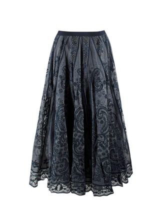 Dior Navy Cotton Blend Embroidered Midi Skirt Size XS