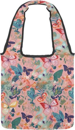 Generic Colorful butterflies Pink Background Reversible Canvas Shoulder Tote - Double-Sided Print, 12oz Cotton, 27cm Drop, Fold-Flat Bag for Travel, Shopping,