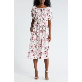 Connected Floral Raglan Sleeve Smocked Waist Midi Dress in Rosewood at Nordstrom Rack, Size 14