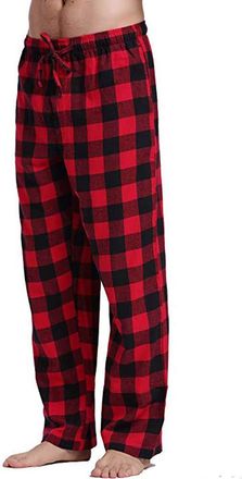 Generic OBiQuzz Mens Long Red Checked Flannel Pyjama Bottoms, Classic Drawstring Trousers, Casual Trousers, Relaxed Fit Pyjama Bottoms, Elastic Waist Pyjama B