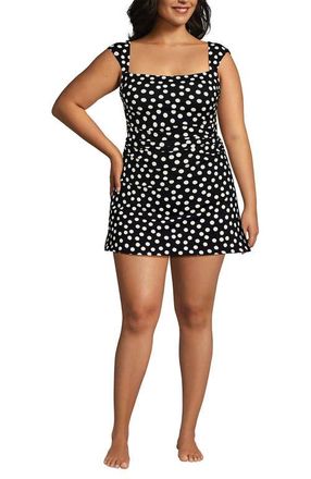 Lands End Chlorine Resistant Square Neck Ruched Swim Dress One Piece Swimsuit in Black/egret White Tossed Dots at Nordstrom, Size 16