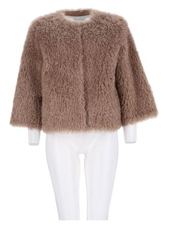 Leon & LouLou Paris Beige Cropped Plush Round-Neck Faux Fur Bomber Jacket