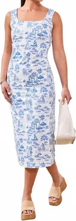 Tribal Square Neck Slip On Dress In White/blue