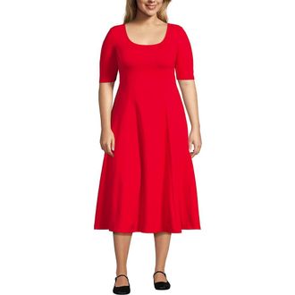 Lands End Plus Size Starfish Elbow Sleeve Midi Fit and Flare Dress in Compass Red at Nordstrom, Size 1X