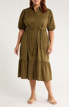 Caslon Ruffle Hem Stretch Cotton Shirtdress in Olive Dark at Nordstrom Rack, Size 1X