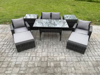 Fimous Outdoor Lounge Sofa Garden Furniture Set Rattan Rectangular Dining Table with Double Seat Sofa Armchair 2 Side Tables in Dark Grey