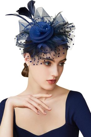 Babeyond ArtiDeco Mesh Feather Fascinator Flower Hair Clip Fascinators Hat Bridal Headpiece 1920s Flapper Accessories (Dark Blue)(Size: Diameter of the floral: