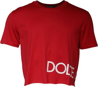 Dolce & Gabbana Red Logo Print Cropped Crew Neck Mens T-shirt
