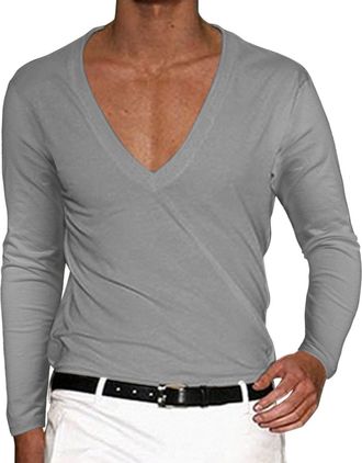Generic Long Sleeve T Shirt Men Deep V Neck Vneck Casual Long-Sleeved Tees Comfort Slim Fit Oversized Big and Tall Gym Summer Shirts