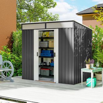OUTSUNNY 6.5x4FT Garden Shed w/ Foundation Lockable Metal Tool Shed in Grey
