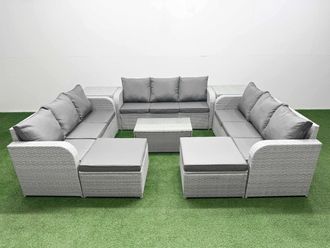 Fimous PE Rattan Lounge Sofa Set 11 Seater Outdoor Garden Furniture Set w/ Rectangular Coffee Table 3 Seater Sofa 2 Big Footstools 2 Side Table Light