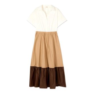 Oltre Lange Color Block Jurk - Dames - Casual kleedjes - Bruin - L - Katoen - Kleedjes
