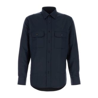 Brioni Military Shirt - Heren - Casual Overhemden - Blauw - M - Leer - Overhemden