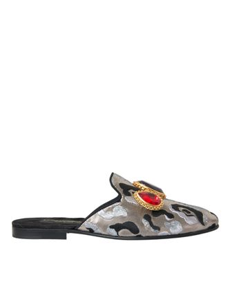 Dolce & Gabbana Gray Jacquard Crystal Mule Flat Sandals Womens Shoes