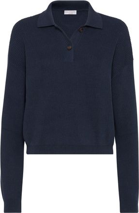 Brunello Cucinelli ribbed-knit cotton polo shirt - women - Cotton - M - Blue