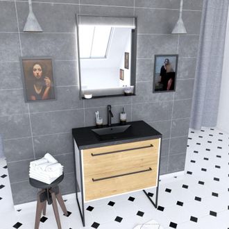 Aurlane Aurlane - Mueble Ba&ntilde;o 80x50 + 2 Cajones Roble + Lavabo Negro Efecto Piedra+espejo Led