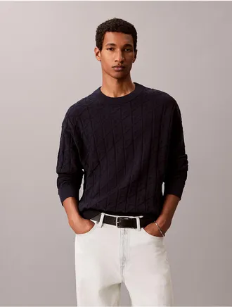 Calvin Klein Jeans Calvin Klein Mens Allover Emblem Logo Ribbed Sweater - Navy - 2XL