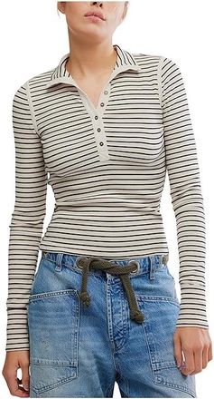 Free People Lake Henley Stripe Womens Clothing Tea Combo : MD (Womens 8-10), Cotton/Elastane/Lyocell