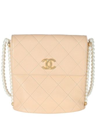 Chanel Beige Quilted Calfskin Small Pearl Chain Hobo (Authentic Pre-Loved)