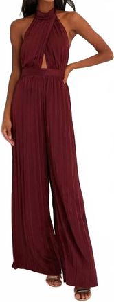 Lulus Womens Confident Impression Satin Pleated Halter Jumpsuit In Burgundy