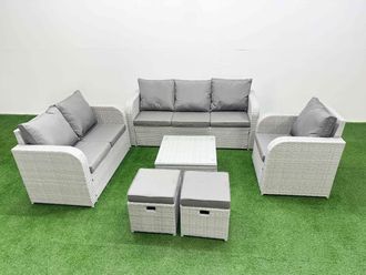 Fimous Patio PE Wicker 8 Seater Outdoor Rattan Furniture Sofa Sets w/ Square Coffee Table Reclining Chair Loveseat Sofa 3 Seater Sofa Stool Light Grey
