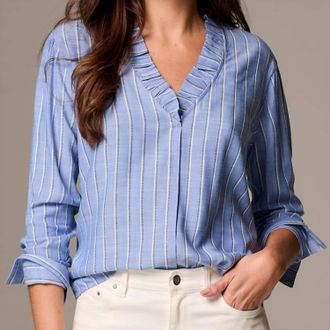 Nic+Zoe Striped Ruffled Around Blouse In Blue Multi