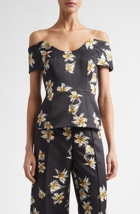 Emilia Wickstead Souline Festive Lilies Peplum Top in Festive Lilies Black Yellow at Nordstrom, Size 12 Us