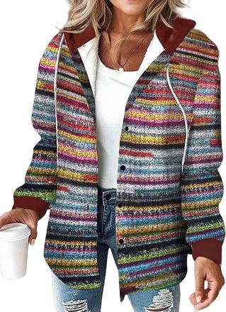 Generic Womens Plaid Button Down Fleece Lined Hooded Lightweight Casual Jackets Warm Coat (COLORFUL,3XL)