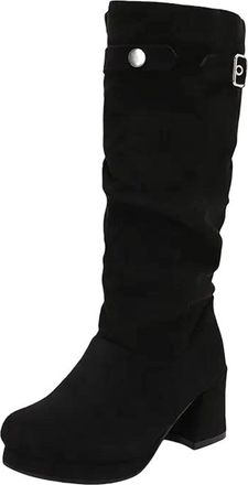 Generic Womens Elegant Mid Calf Boots Square Toe High Block Heel With Platform Slip On Design Pleated And Buckle Detail