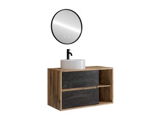 Vente-Unique Mueble de ba&ntilde;o suspendido con lavabo redondo, grifo y espejo - Color natural y antracita - 100 cm - TIKITIKI