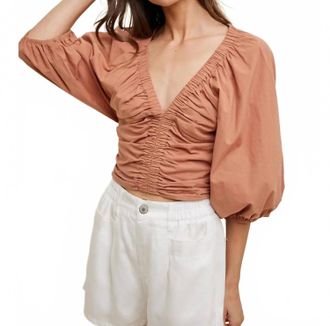 Wishlist Feeling Ruched Cotton Crop Blouse In Terracotta