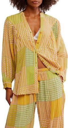 Free People Night After Night Cotton Button-Up Pajama Shirt in Lemon Lime Combo at Nordstrom Rack, Size Small