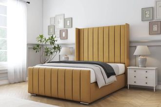 Comfort Beds Serena Plush Bed Frame With Mattress -50 Upholstered Wingback in Mustard | Size: Single