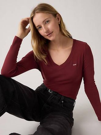 Levi's Essential Housemark Long Sleeve V Neck Tee - Womens - XS - Red