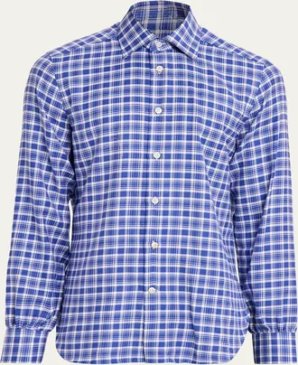 Kiton Mens Cotton and Cashmere Plaid Button-Down Shirt