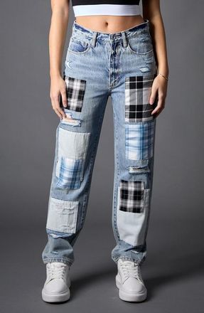 Blue Revival Plaid Patchwork Straight Leg Jeans in Ibiza Patchwork at Nordstrom, Size 25