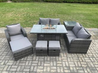 Fimous Outdoor Sofa Rattan Garden Furniture Set Patio Gas Fire Pit Dining Table & Reclining Chair set with Side Table 3 Footstools in Dark Grey
