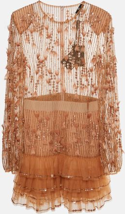 Elisabetta Franchi Orange Tulle Sheer Embroidered Cocktail Dress