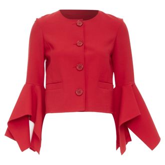 Oscar De La Renta ruffle sleeve cropped red wool jacket