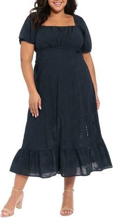 London Times Square Neck Smocked Eyelet Midi Dress in Martm Navy at Nordstrom Rack, Size 14W
