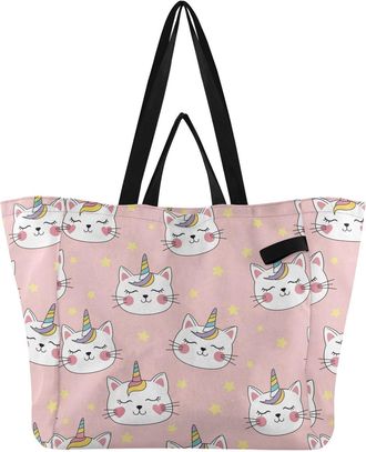Generic Unicorn Cats Pink pattern Reusable Canvas Tote Bag, Heavy Duty Grocery Shopping Bag with Hard Bottom Large Capacity Double Handles Work Groceries Trav