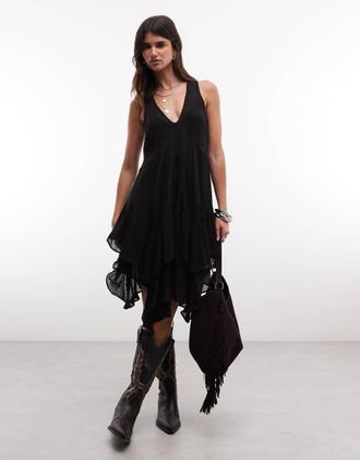 AllSaints Gretal vestito midi nero con scollo a V e volant