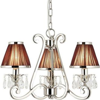 Loops Esher Ceiling Pendant Chandelier Nickel Crystal & Brown Shades 3 Lamp Light